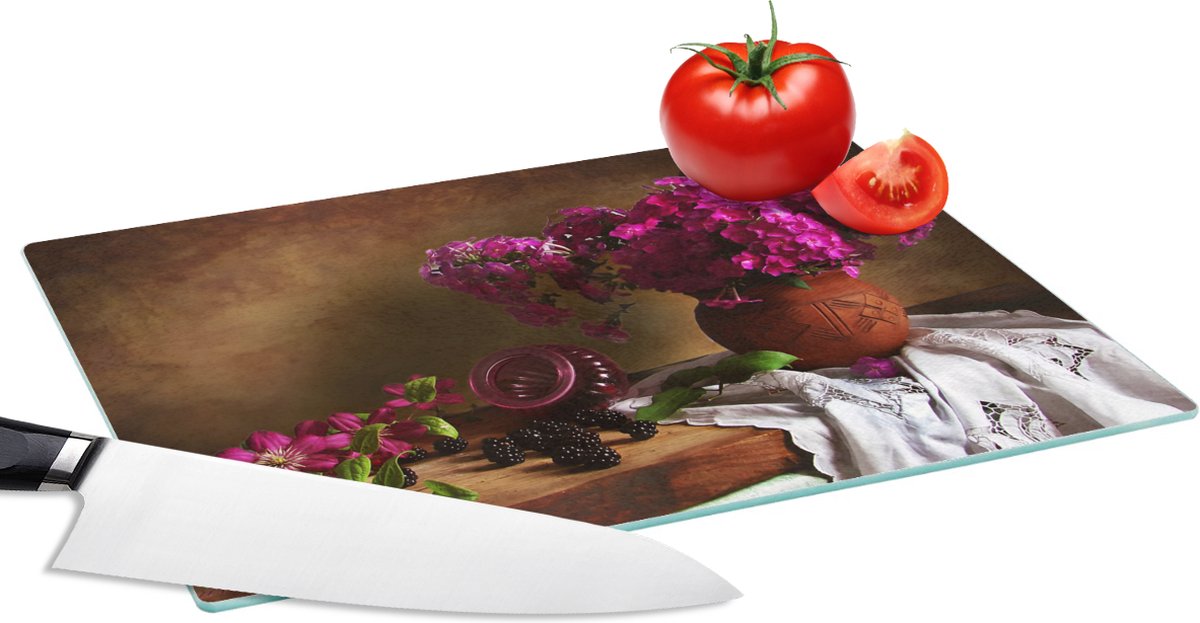 Glazen Snijplank - 28x20 - Rustiek - Bloemen - Roze - Vaas - Stilleven - Snijplanken Glas