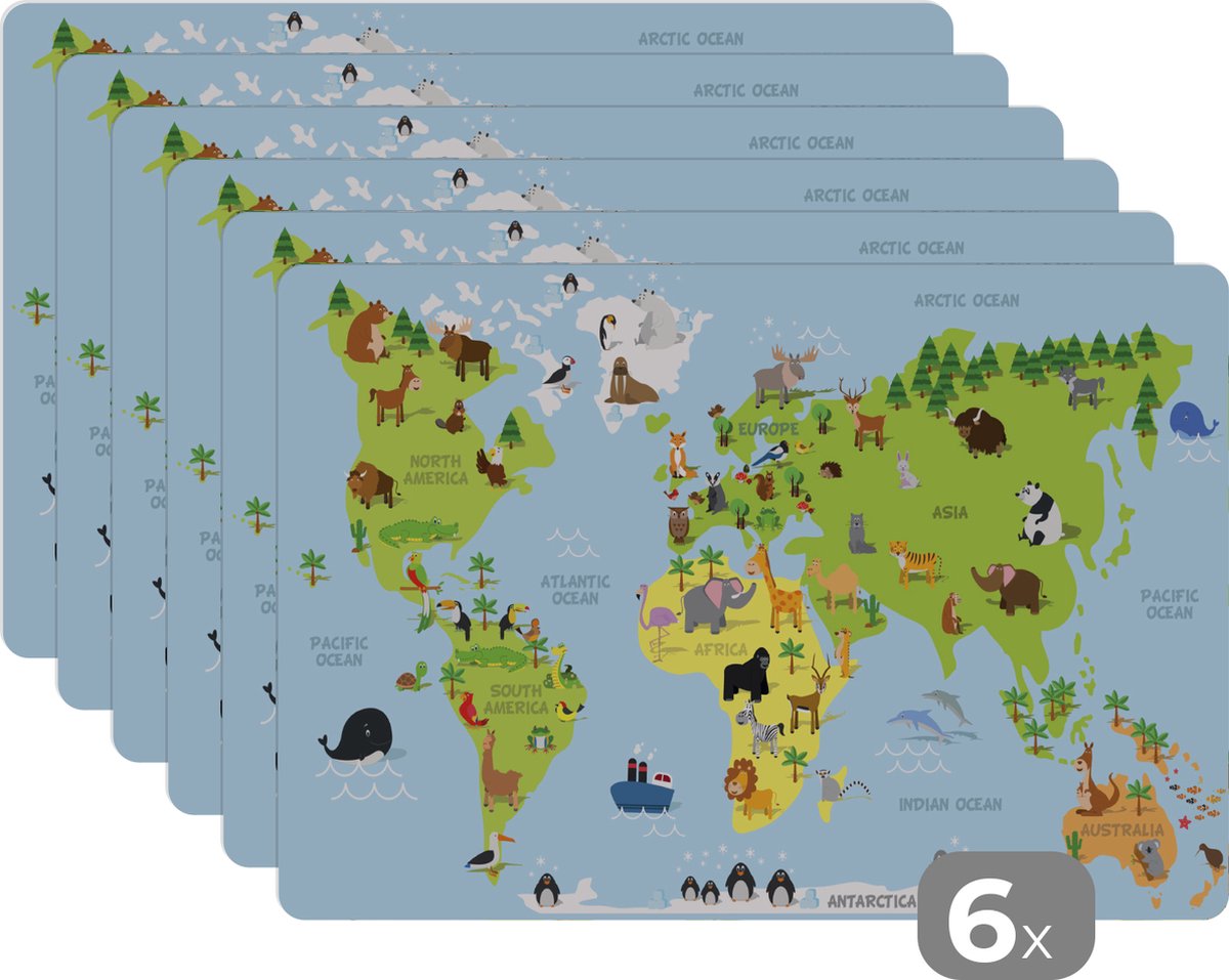 Placemat kinderen - Placemat kinderen - Wereldkaart - Kaarten - Dieren - Tafeldecoratie - 45x30 cm - 6 stuks