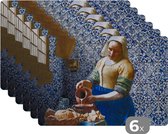 Placemat - Placemats kunststof - Melkmeisje - Delfts Blauw - Vermeer - Schilderij - Oude meesters - 45x30 cm - 6 stuks - Hittebestendig - Anti-Slip - Onderlegger - Afneembaar
