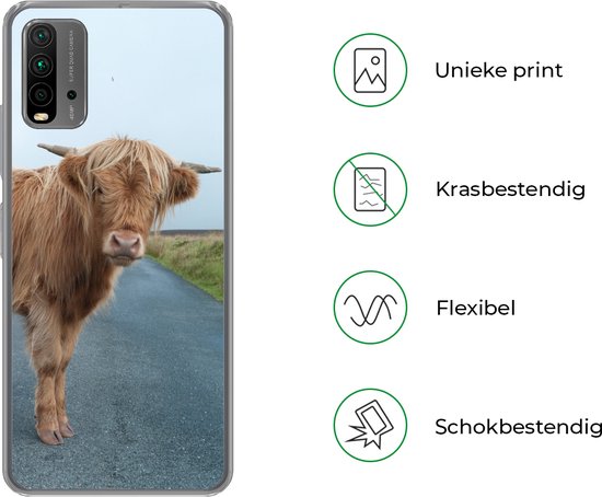 Coque de téléphone compatible avec Xiaomi et Redmi 9T - Motif écossais Highlander - Route - Herbe - Coque en Siliconen