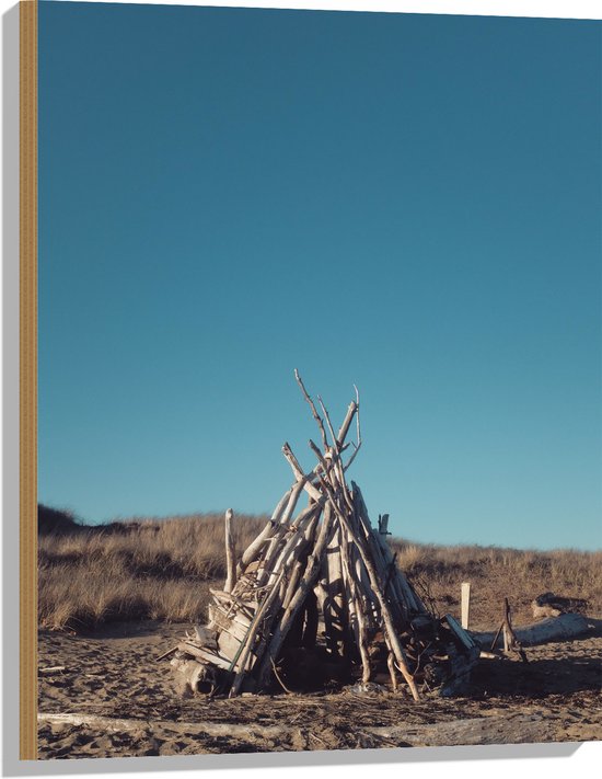 WallClassics - Hout - Tent van Takken in de Duinen - 60x80 cm - 12 mm dik - Foto op Hout (Met Ophangsysteem)