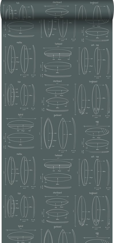 ESTAhome behang technische tekeningen van surfplanken vergrijsd groen - 128870 - 0,53 x 10,05 m