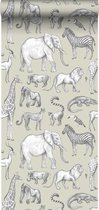 Papier peint ESTAhome animaux de la jungle vert clair et gris - 139270 - 0,53 x 10,05 m