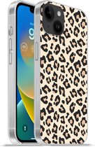 Geschikt voorApple Iphone 14 Plus - Soft case hoesje - Wit - Roze - Luipaardprint - Siliconen Telefoonhoesje