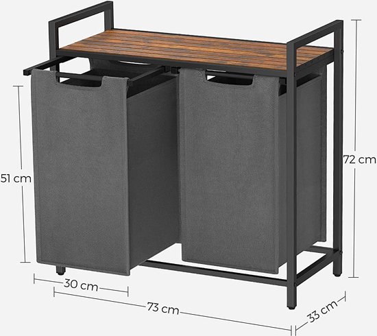 MIRA Home - Wasmand - Waszak - Wassorteerder - 2 Vakken - Laundry Basket - Vintage - Grijs - 73x33x72cm