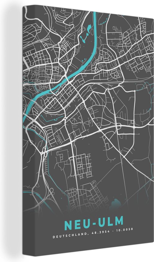 Canvas Schilderij Plattegrond – Neu Ulm– Blauw – Stadskaart – Kaart - Duitsland - 80x120 cm - Wanddecoratie