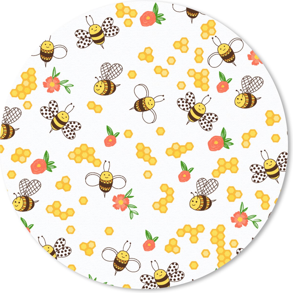 Muismat rond 30x30 cm - Mousepad Honing - Bij - Bloemen - Patronen - Lente - Ronde muismatten