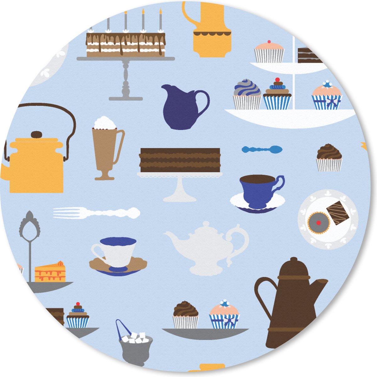 Muismat rond 50x50 cm - Mousepad Patronen - Cupcake - Theepot - Thee - Ronde muismatten