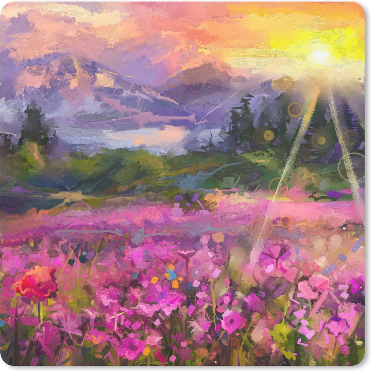 Muismat 20x20 cm - Mousepad Schilderij - Olieverf - Bloemen - Natuur - Zon - Muismatten