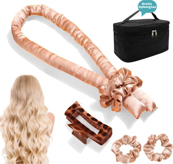 BeautyFit - Heatless Curls 4-delig + opbergtas - Krulspelden Champagne - Haarrollers - Krullen Zonder Hitte - Krullers - Haar Rollers Zelfklevend - Haarkruller
