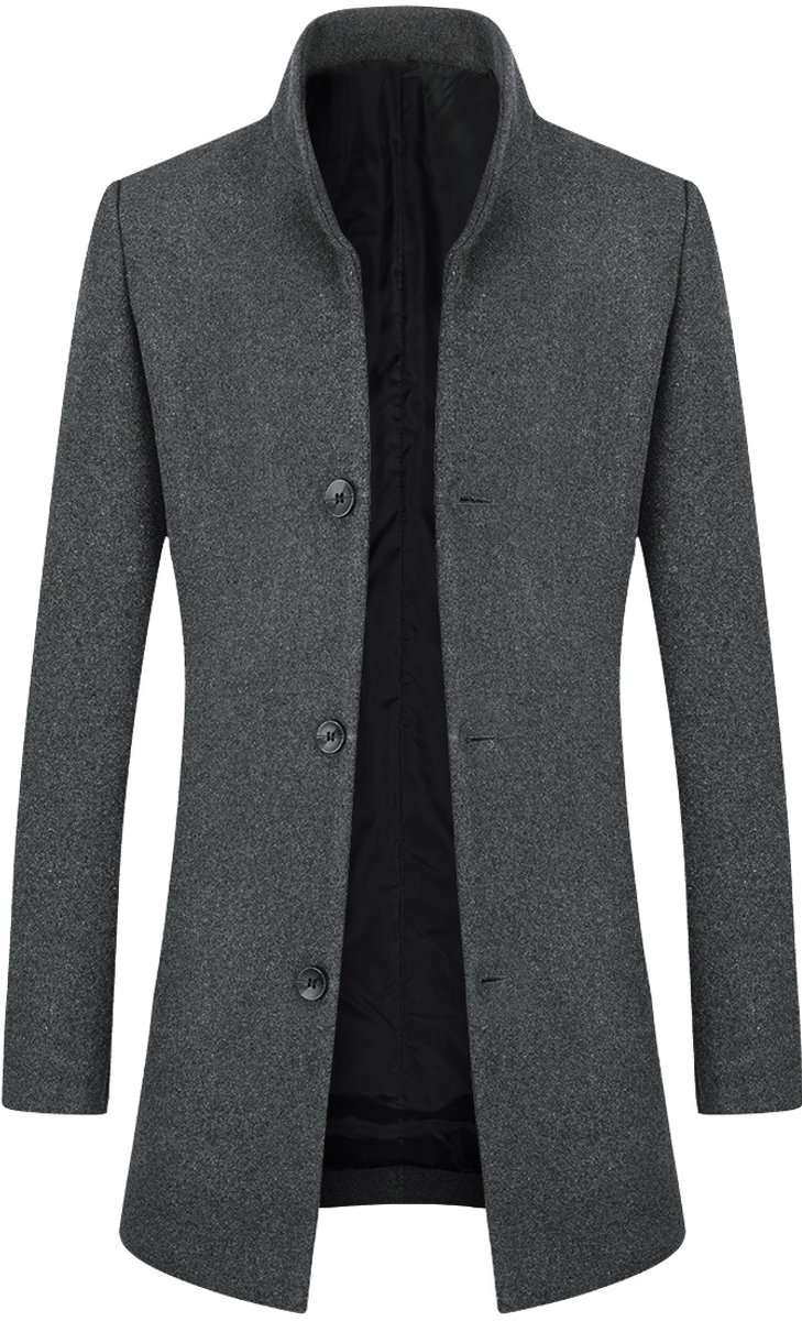 Allthemen Heren Wollen Mantel Lange Slanke Jas met Opstaande Kraag - Winter Zakelijke Jas - XXL