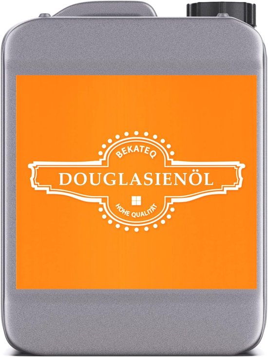 Grijze jerrycan met een oranje etiket met "DOUGLASIENÖL" erop in sierlijke witte letters.