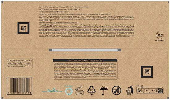 Arrière d'un paquet de couches Pampers avec des informations multilingues et des pictogrammes.