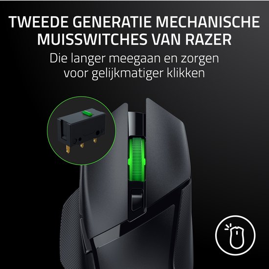 Close-up van de zwarte Razer gaming muis met een groene scrollwheel en een vergroting van de mechanische muisswitch. Tekst in het Nederlands.