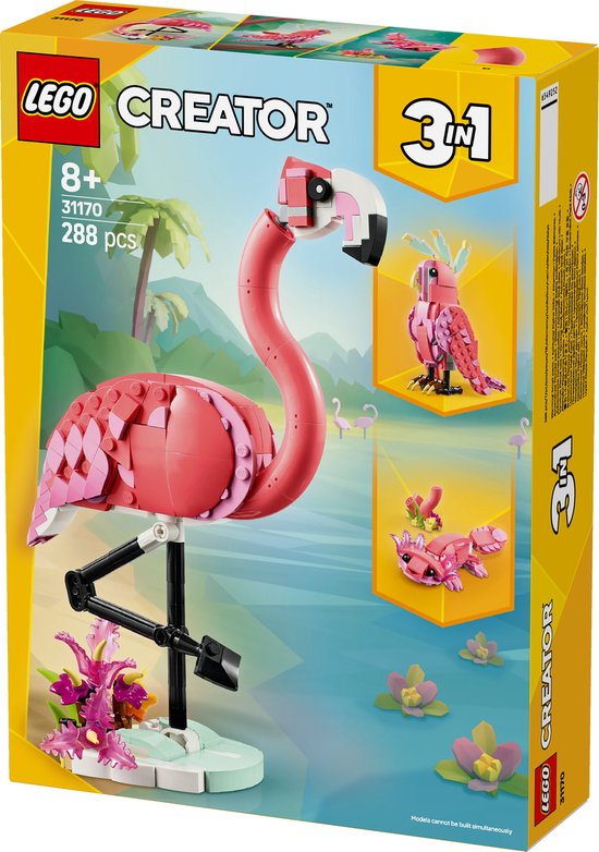 Doos LEGO Creator 3in1 31170 met een roze flamingo, papegaai en axolotl.