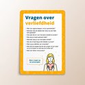 Vragen over verliefdheid, met een illustratie van een meisje dat een hart vasthoudt.