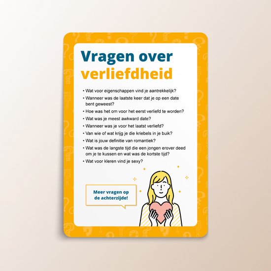 Vragen over verliefdheid, met een illustratie van een meisje dat een hart vasthoudt.
