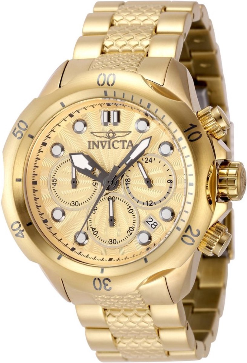 Invicta Venom 47753 Heren Horloge - Waterdicht - Analoog - Quartz Uurwerk - Roestvrij Staal met gouden Wijzerplaat - 45mm