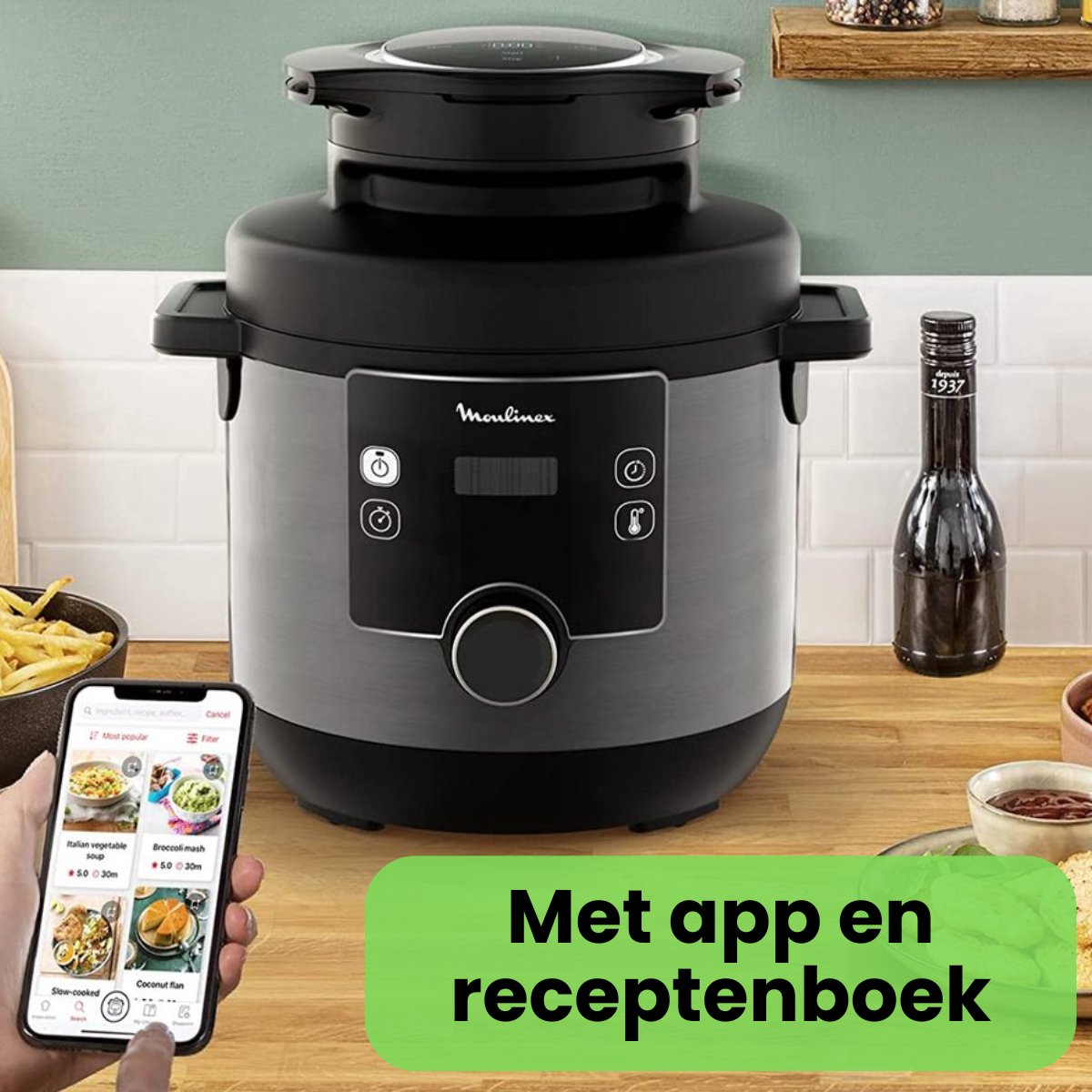 Afbeelding 2 van Moulinex 15-in-1 Turbo Cuisine & Fry Multicooker 1450 Watt Zwart 7,6 Liter - 15 Kookfuncties - Slowcooker - Airfryer - Snelkookpan - Stomen - Frituren - Rijstkoker - Sous Vide - Zwarte Kookpan 7.6 L - CE778810