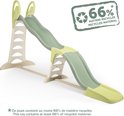 Een groene en beige glijbaan met een tekstballon '66% gerecycled materiaal'.