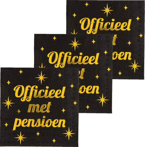 Trois serviettes noires avec étoiles dorées et le texte 'Officieel met pensioen'.