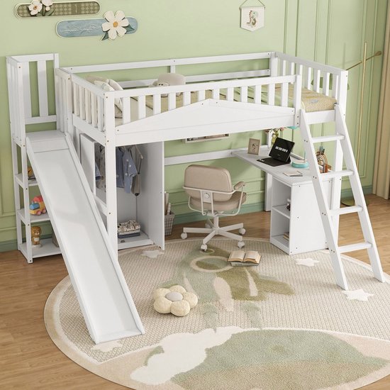 Lit mezzanine Sweiko - 90x200 cm - avec table + armoire + toboggan - Pin + MDF - Wit