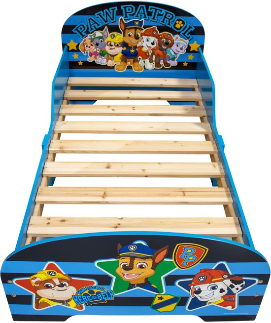 Blauw Paw Patrol bed met houten lattenbodem, afgebeeld met Chase, Marshall, Rubble en Skye.
