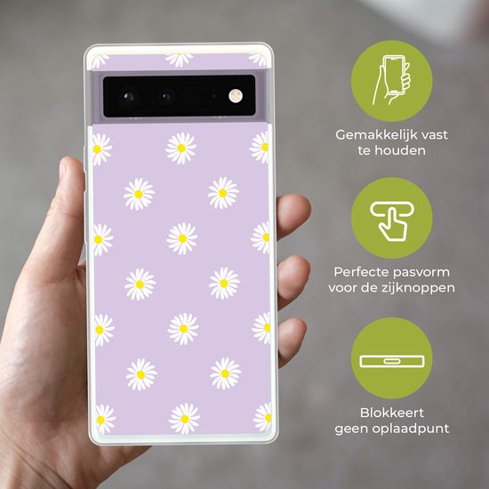 Coque de téléphone compatible avec Google Pixel 6 - Marguerites - Pastel - Wit - Violet - Fleurs - Coque en Siliconen