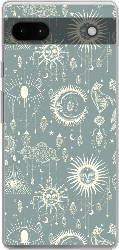 Coque de téléphone compatible avec Google Pixel 6a - Motif Boho - Imprimé - Blauw - Soleil - Yeux - Zen - Coque en Siliconen
