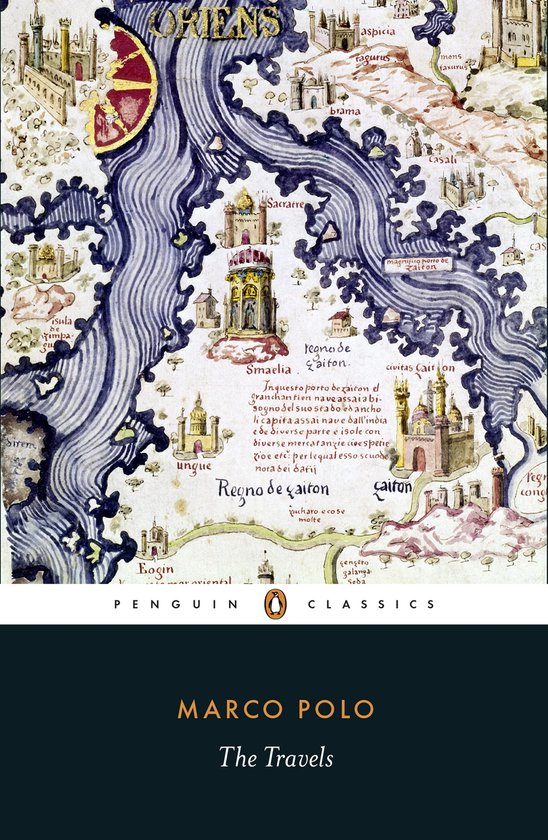 Couverture de The Travels de Marco Polo, représentant une ancienne carte détaillée avec des villes.
