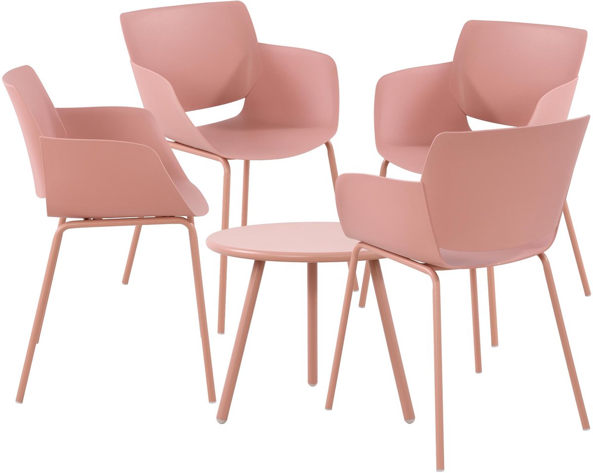 Roze weerbestendige tuinset met Berea tafel en Alpena stoelen.