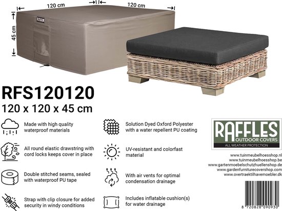 Housse de tabouret Raffles Covers - 120 x 120 H : 45 cm - RFS120120 - Imperméable | Solution teint | Résistant aux UV | Cordon élastique | Aérateurs - Housse de protection pour salon de jardin