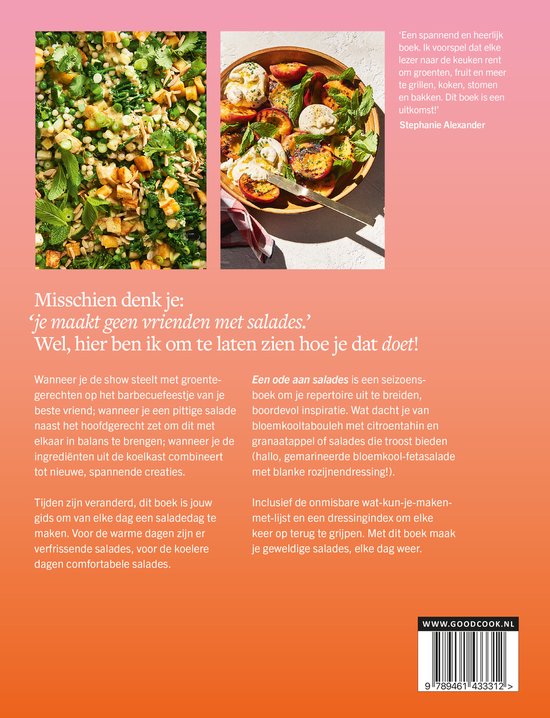 Boekomslag met aan de linkerzijde een salade met groenten, noten en zaden. Rechts gegrilde perziken met mozzarella en munt.
