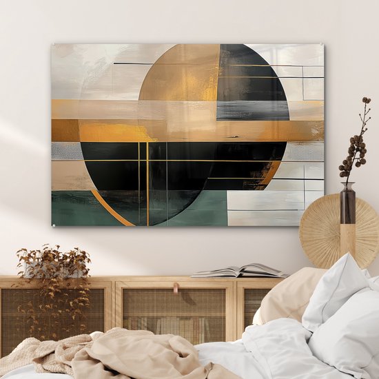 MuchoWow® Glasschilderij 120x80 cm - Schilderij acrylglas - Abstract - Goud - Brons - Groen - Vormen - Modern - Foto op glas - Muurdecoratie woonkamer - Wanddecoratie slaapkamer - Schilderijen