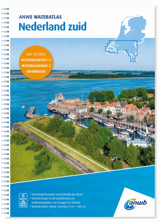 ANWB Wateratlas Nederland zuid met een haven vol boten en een stad met rode daken.