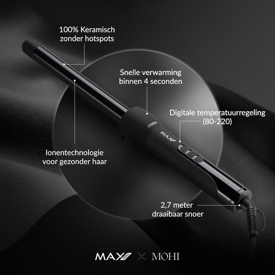Zwarte Max Pro Twist 19mm krultang met digitale temperatuurregeling (80-220) en 2,7 meter draaibaar snoer.