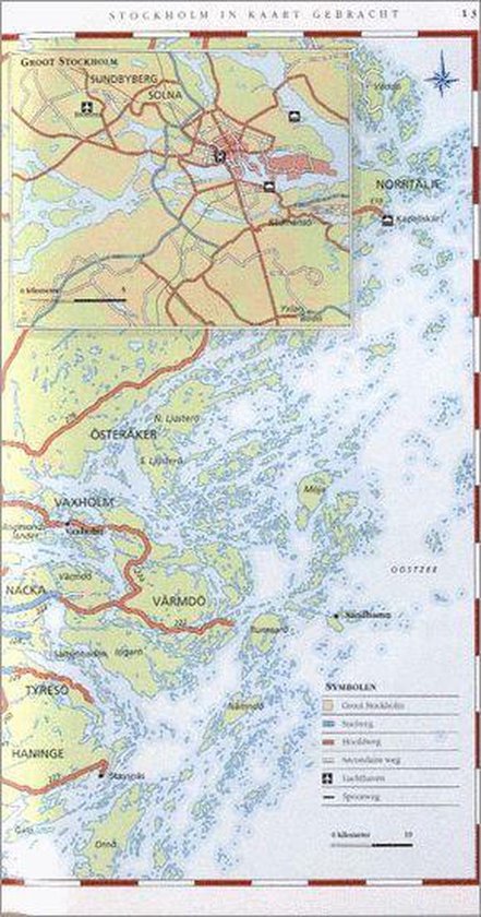 Stadsplattegrond van Stockholm en omgeving met wegen, water en bezienswaardigheden.