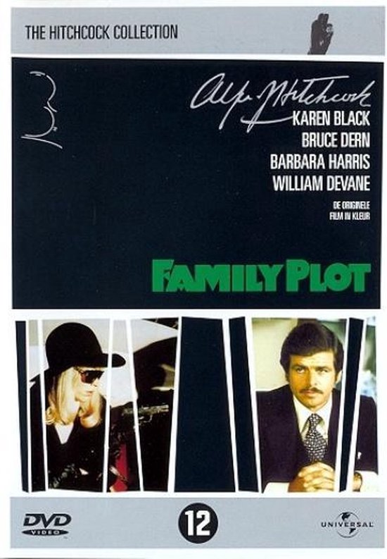 DVD hoes van Family Plot met Alfred Hitchcock's handtekening, cast en de filmtitel. Twee afbeeldingen van acteurs.