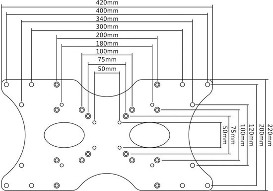 Technische tekening van een VESA-adapter met afmetingen voor breedte, hoogte en schroefgaten.