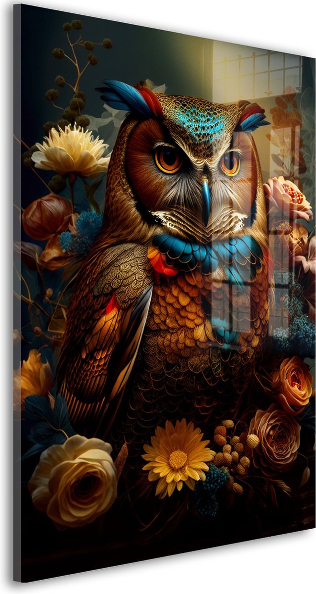 Glasschilderij Oog van Wijsheid - 30 x 20 cm - Uil - Natuur - Acrylaat - Inclusief wandbevestiging - Foto op plexiglas - Wanddecoratie woonkamer