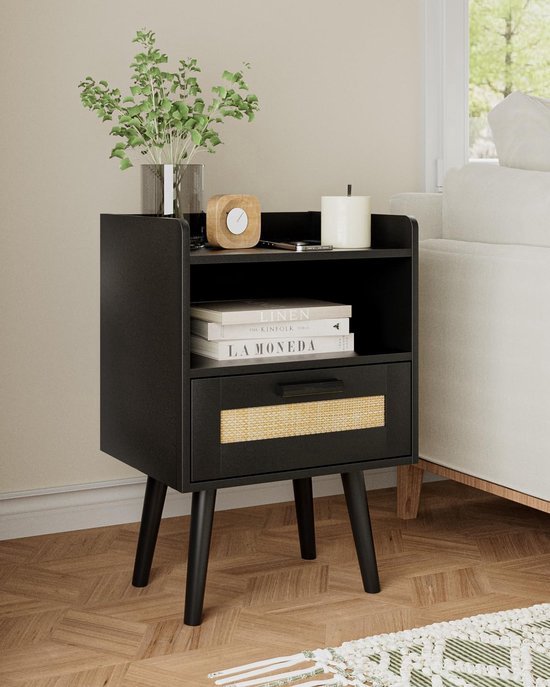 HEYZOEY Nachtkastje rotan, bijzettafel met lade, nachtkastje met houten