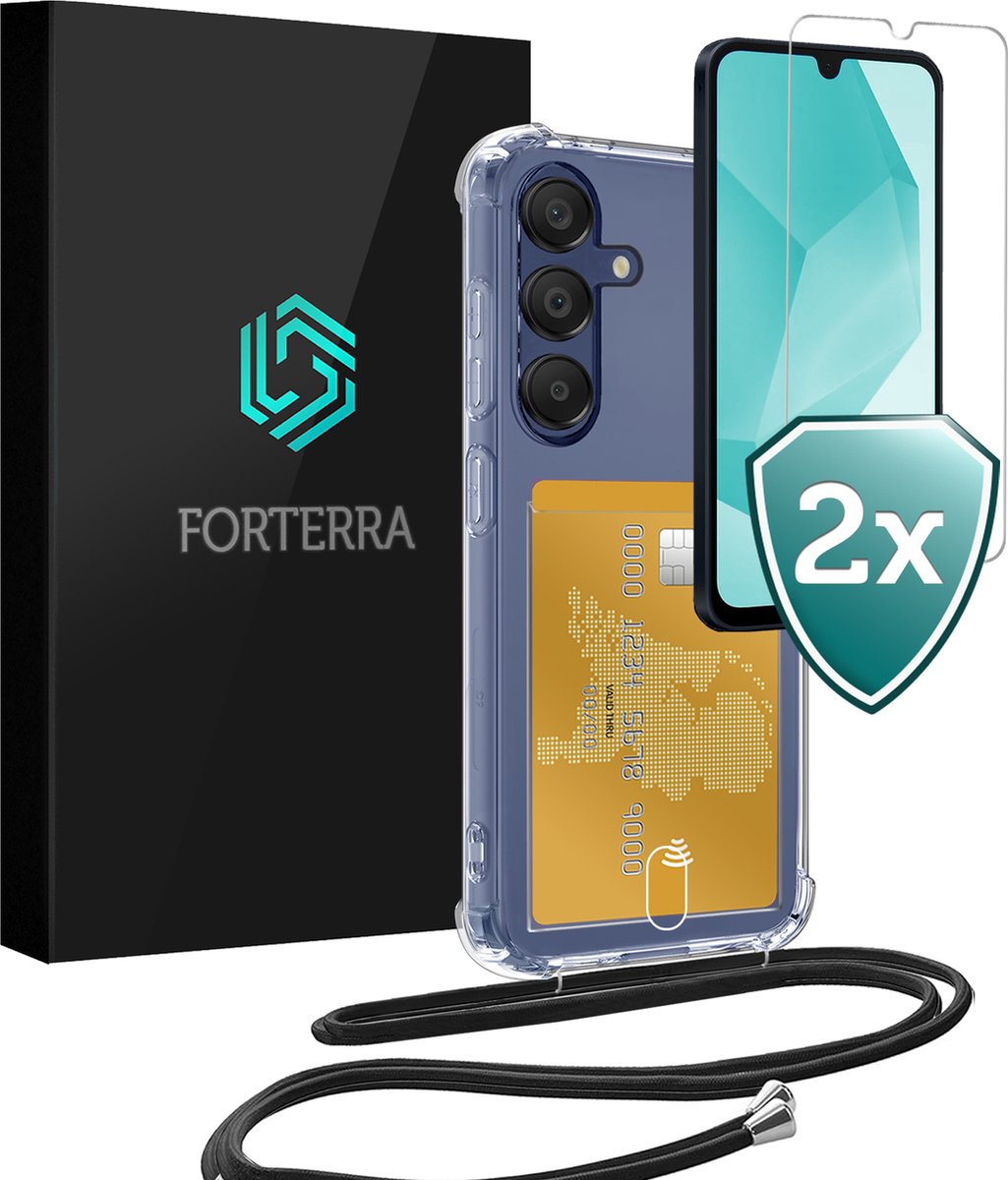 Hoesje Geschikt voor Samsung A16 Pashouder Case Siliconen Hoes Met Koord Met 2x Screenprotector - Hoes Geschikt voor Samsung Galaxy A16 Met Telefoonkoord Hoesje Back Cover Met Pasjeshouder - Transparant