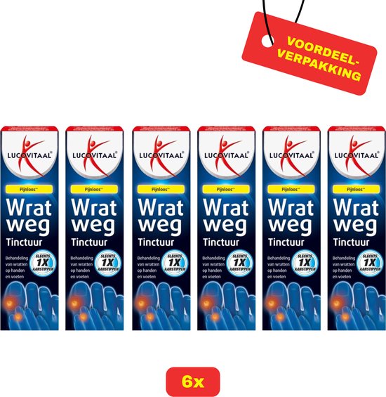 Zes verpakkingen Lucovitaal Wrat Weg tinctuur, met een voordeelverpakking rode banner, "Pijnloos" en "SLECHTS 1X AANSTIPPEN".