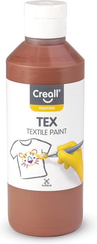 Bouteille brune de peinture textile Creall Tex 250ml avec une étiquette illustrant un t-shirt avec un imprimé tigre.