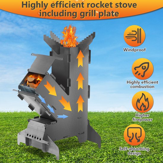 Rocket stove Kachel Kooktoestel Campingkooktoestellen Kookset Buiten Koken BBQ incl. grillplaat en firepitpook van Merkloos — afbeelding 4