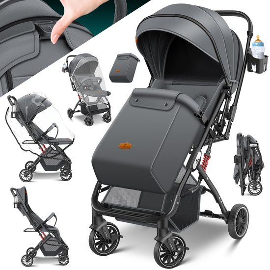 KIDIZ® Buggy 3 in 1 Kinderwagen Inklapbaar met voetenzak Baby Plooibuggy Wandelwagen inclusief Bekerhouder, regenhoes & klamboe Reisbuggy - Antraciet / Zwart