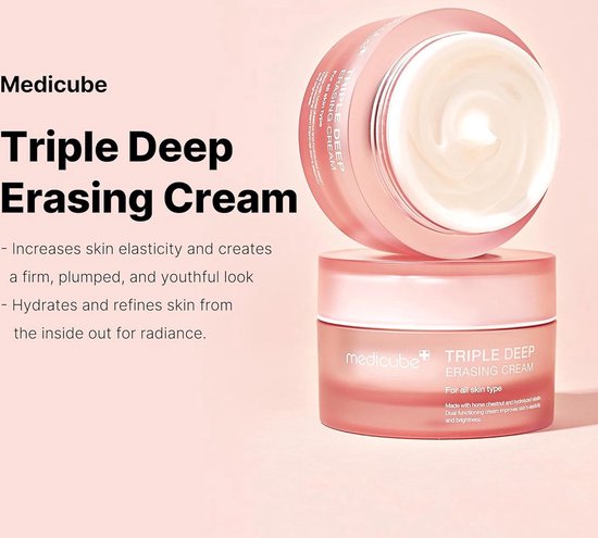 Medicube Triple Deep Erasing Cream pot met witte crème, die huidelasticiteit en een jeugdige uitstraling bevordert.