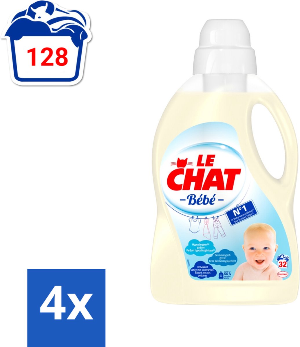 4 x Le Chat Vloeibaar Wasmiddel Bébé 32 Wasbeurten 1440 ml - Babywasmiddel - Hypoallergeen - Babyvlekken - Wasmiddel Voor Baby's - Babywas