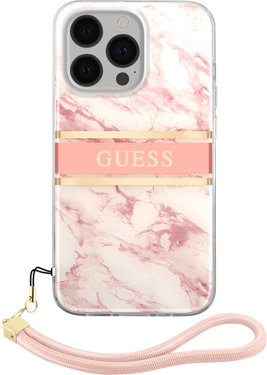 Roze hoesje van Guess - Hardcase Backcover - iPhone 13 Pro - Met Riem - Marble