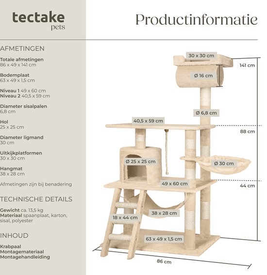 tectake® XXL Krabpaal voor katten - Grote kattenkrabpaal met accessoires, kattenspeelgoedkoord, ligmand en 2x kattengrot - Kattenboom met sisaltouw - Zwart/wit